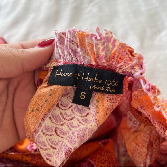 House of Harlow 1960 Orange Floral Bird Boho Tiered Mini Cotton Dress Size Small - Picture 3 of 7